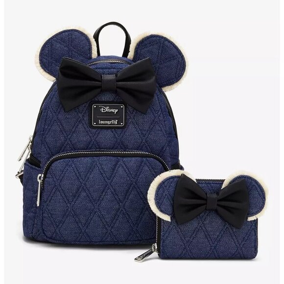 Loungefly Disney Minnie Mouse Denim Quilted Mini Backpack and Wallet Set NWT